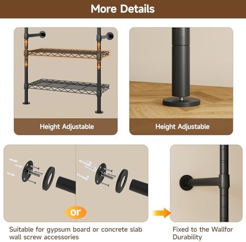 ONBRILL H5 Wall Mounted Closet System, Industrial Pipe Clothes Rack, Black