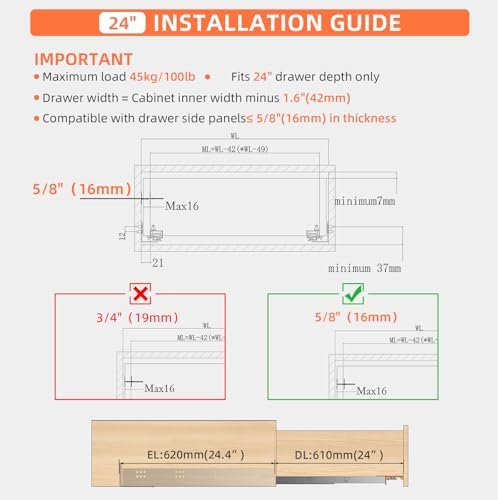 24” Undermount Drawer Slides Soft Close 100 lbs with Bracket 1 Pair
