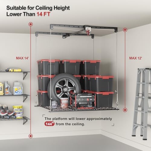 Overhead Garage Storage Rack for 12–14 FT Ceiling, Heavy-duty 4x4 FT Ceiling ...