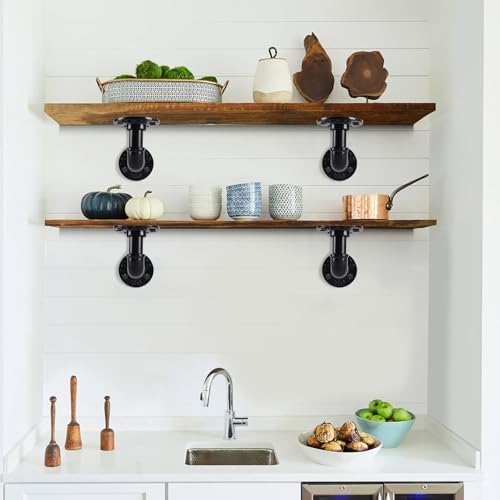 L-Shaped Industrial Pipe Shelf Brackets, Black Metal Wall-Mounted Floating Sh...