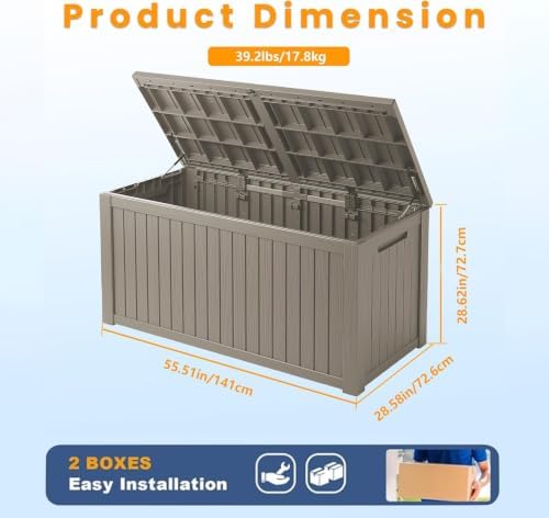 Outdoor Storage Box Waterproof, 200 Gallon Lockable Resin Large Deck Box, Pat...
