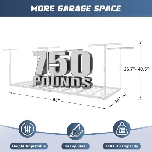 Jusgym 3X8FT Overhead Garage Storage Rack, 26"-40" Height Adjustabl...