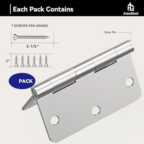 Door Hinges Brushed Nickel - 12 Pack 3.5 Inch Rounded Interior Satin Nickel w...