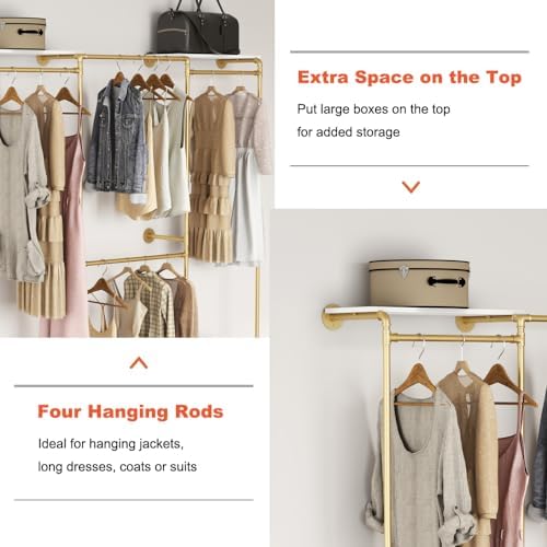 KaKaBB Industrial Pipe Clothing Rack with Shelves, Wall Mounted Gold Corner C...