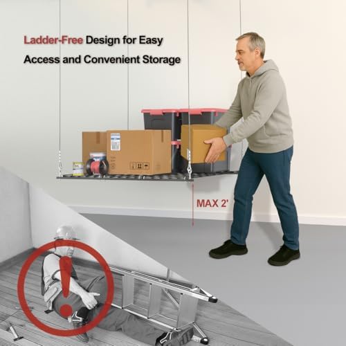 Overhead Garage Storage Rack for 12–14 FT Ceiling, Heavy-duty 4x4 FT Ceiling ...