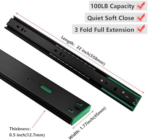 homdiy 10 Pairs Black Soft Close Drawer Slides 22 Inch Side Mount Runners