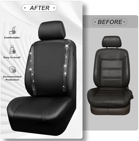 CAR PASS Leather Bling Diamond Car Seat Covers Full Set, Shining Rhinestone W...