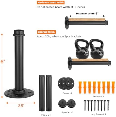 6 Inch Black Industrial Pipe Floating Clothing Rack Wall Mounted, 6 Pack