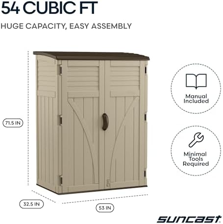 Suncast Outdoor Storage Shed, Water Resistant Resin Vertical Outdoor Storage ...
