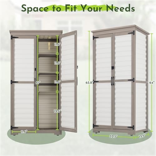 Tall Outdoor Storage Cabinet with Adjustable Shelves, White Plastic & Woo...