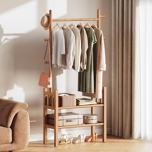 Yoobure Solid Wood Clothing Rack with Shelves - Coat Rack Freestanding with 6...