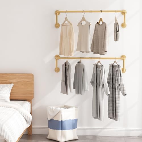 Industrial Pipe Clothing Racks 2 Pack, 36.2In Wall Mounted Clothes Rack, Gold...