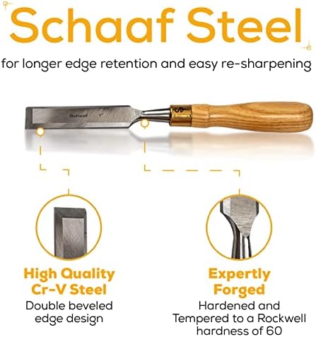 Schaaf Tools 4-Piece Wood Chisel Set for Woodworking, Cr-V 60 Steel Blades