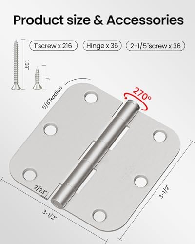Door Hinges Brushed Nickel 36 Pack 3.5 Inch Rounded 5/8" Radius