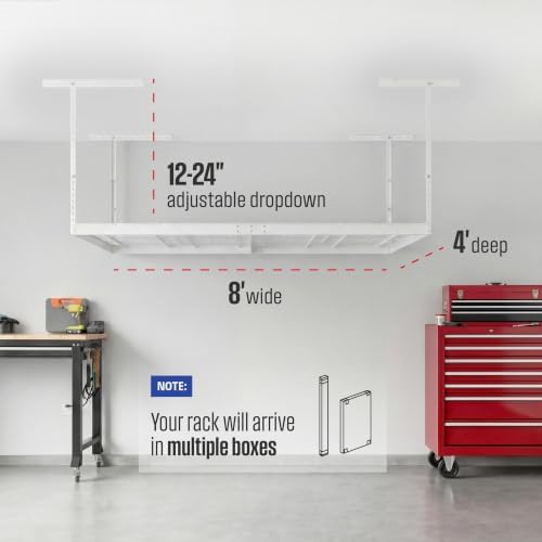 SafeRacks White 4x8 Overhead Storage Rack w/ 5-pc Hook Pack (12”-24" Drop)