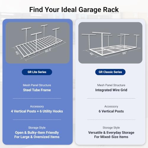 FLEXIMOUNTS 4x8 Overhead Garage Ceiling Storage Rack with 6 Hooks, White