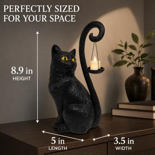 Black Cat Candle Holder Statue Halloween Decor Gothic Cat Lamp Decoration