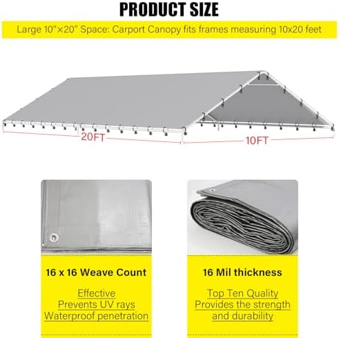 DWALE 10 x 20 Ft Carport,Replacement Canopy Cover Garage Top Tent Shelter Tar...