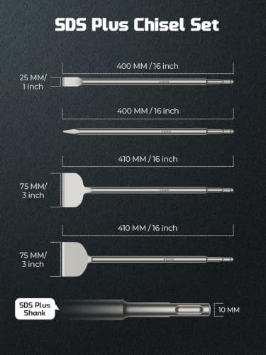 4PCS SDS Plus Chisel Bit Set, 16" Point & Flat Scaling Chisels