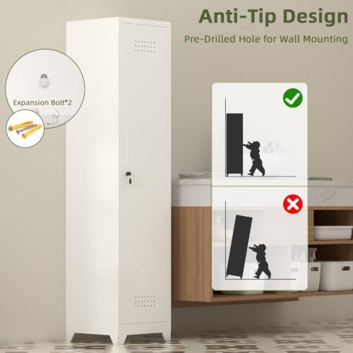 Slim Broom Storage Cabinets, Metal Cabinet with Shelves and Hanging Rod, 15.7...