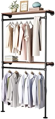 DR.IRON Industrial Pipe Clothing Racks with 2 Tier Shelves, Wall Mounted Blac...