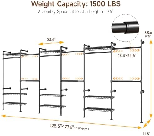 ONBRILL H6 Wall Mounted Closet System, Industrial Pipe Clothes Rack, Black