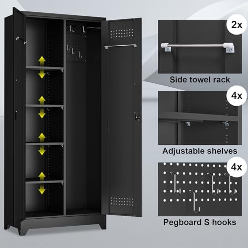 Metal Locking Cabinet, 72.8" Tall Storage Cabinet for Broom, Garage Stor...