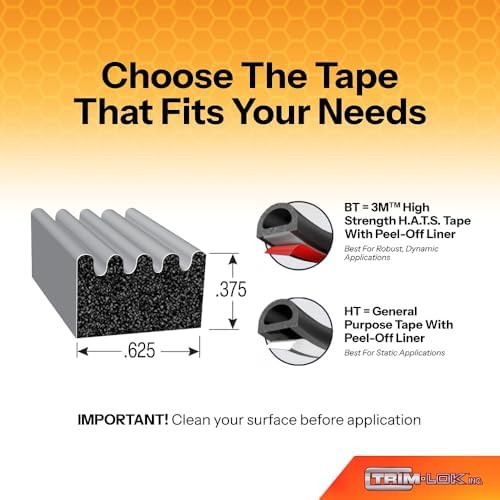TRIM-LOK Ribbed Rectangle Rubber Seal with 3M Bonded Tape, 0.375-Inch Height,...