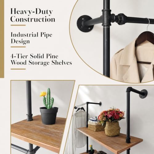 Wall Mounted Clothing Rack, Heavy Duty Pipe Closet, Pine Shelves, 76 In