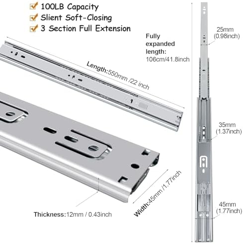22 inch Soft Close Drawer Slides 4 Pairs Ball Bearing Full Extension Cabinet ...