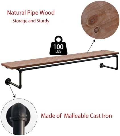 Clothes Rack 60in, Wall Mounted Garment Racks with Real Wood Shelf, Heavy Dut...