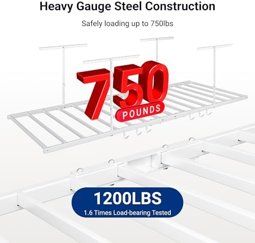 FLEXIMOUNTS 4x8 Overhead Garage Ceiling Storage Rack with 6 Hooks, White