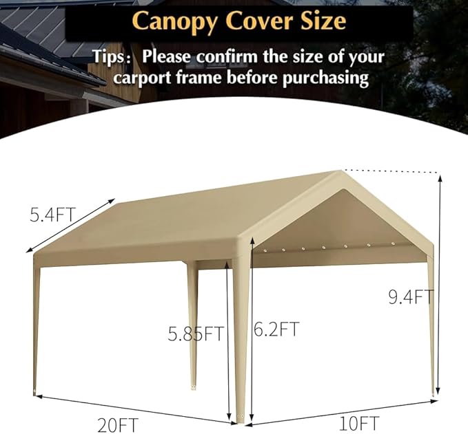 Rutile 10 x 20 FT Carport Replacement Cover, Heavy Duty Car Tarp Canopy Tent