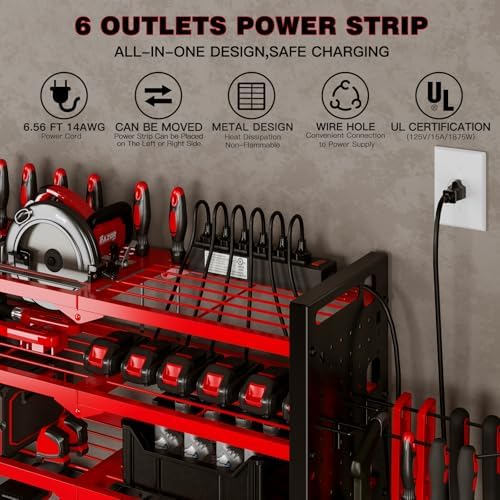 NattyDot Cordless Power Tool Organizer Wall Mount, 6 Drill Holders, Red