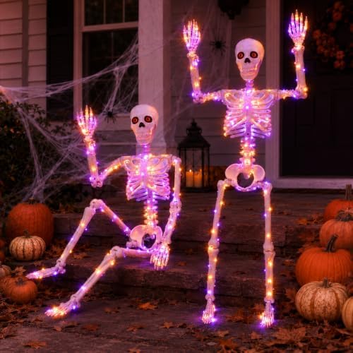 2Pack36 Halloween Skeleton Decoration with Orange&Purple Light
