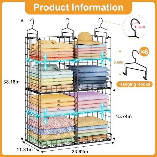 Hanging Closet Organizer with DIY Spacing, Double-Row Closet Hanging Shelves ...