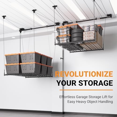 Adjustable Overhead Garage Storage Rack, 4x4ft Garage Ceiling Storage Lift, H...