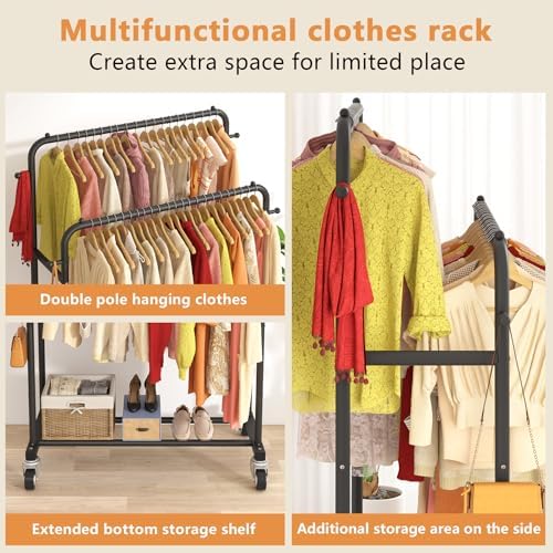 Laiensia Double Rods Garment Rack with Wheels, Clothing Rack for Hanging Clot...