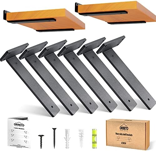 Orbeto 6 Pack Heavy Duty Shelf Brackets (12") Black Metal (6mm Thick), S...