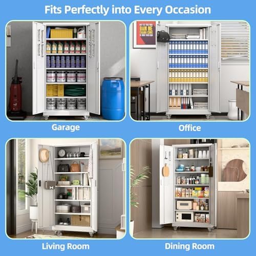 71"H rolling steel cabinet with 5 adjustable shelves, pegboard,White