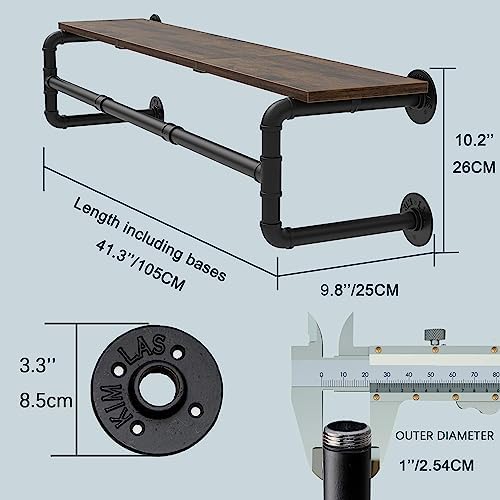 Industrial Pipe Clothes Rack with Top Shelf and 3 Hooks, 41''L Wall M...