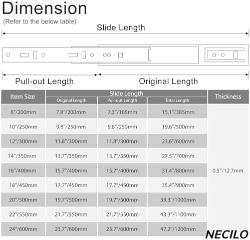 NECILO 10 Inch Ball Bearing Drawer Slides,100lb Full Ext Side Mount,5 Pairs