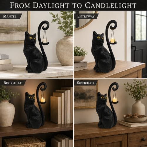 Black Cat Candle Holder Statue Halloween Decor Gothic Cat Lamp Decoration