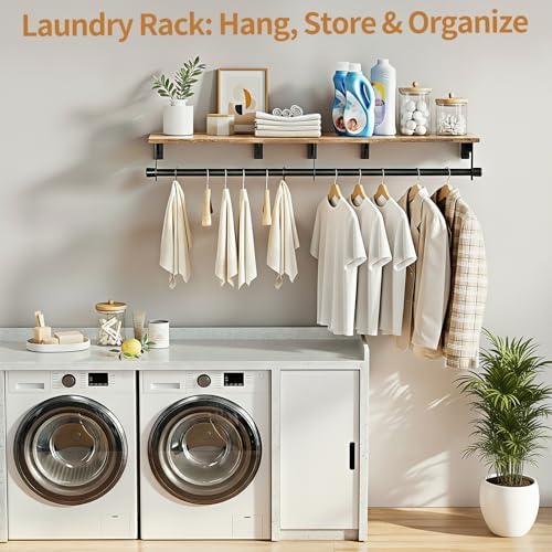 Luxspire 43.3" Wall Mount Clothes Rack with Wood Top Shelf Hanging Clothes