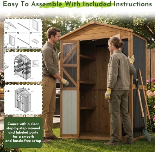 Outdoor Wooden Storage Shed Cabinet with 6 Adjustable Shelves