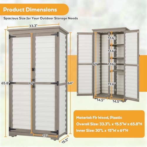 PetsCosset Outdoor Storage Cabinet with Shelves, Wood & Plastic Garden Sh...