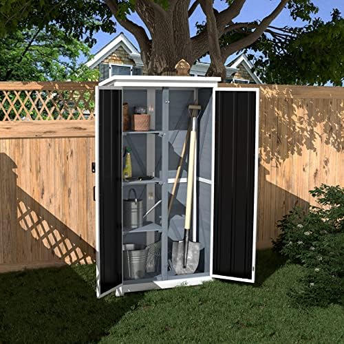 GDLF Outdoor Storage Cabinet, Wood & Metal Garden Shed, Tall Tool Organizer