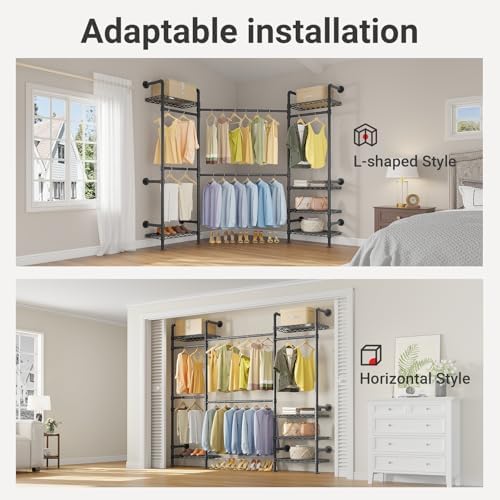 Timate F3 Medium Wall Mounted Clothes rack Expandable Closet, Industrial Pipe...