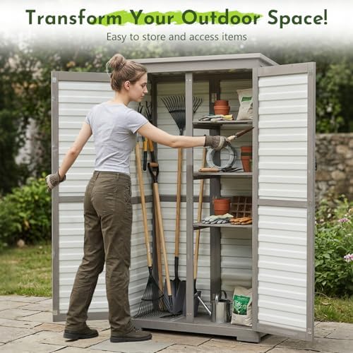 Tall Outdoor Storage Cabinet with Adjustable Shelves, White Plastic & Woo...
