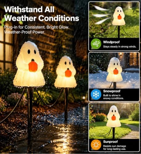 10.5FT Halloween Ghost Pathway Lights, 5 PK Plug in LED Ghost Stake Lights